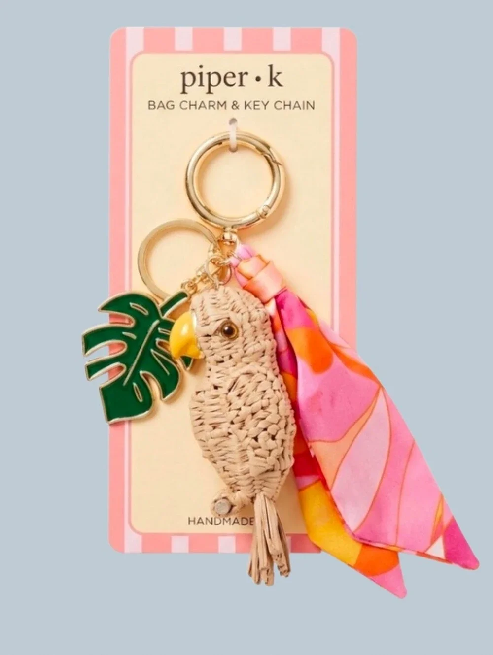 🦜▪️piper k▪️ Woven Parrot Bag Charm Keychain with Tropical Leaf & Pink Scarf